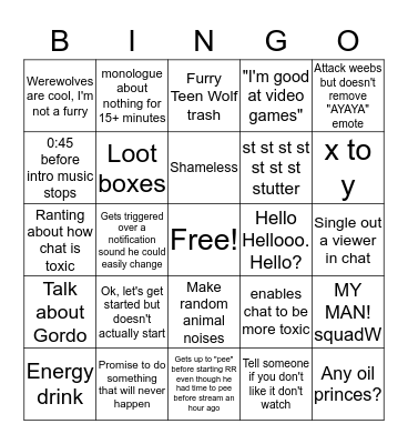 Typical Trainwrecks Stream Bingo Card