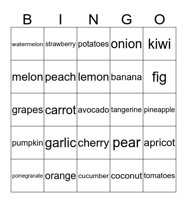 Fruits and vegetables Bingo Card