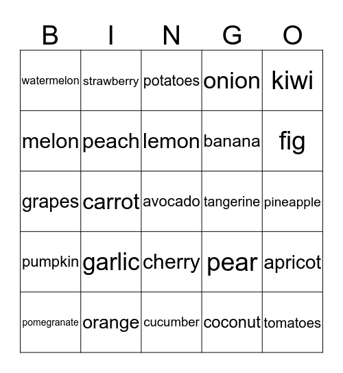 Fruits and vegetables Bingo Card