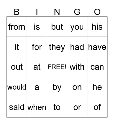 Sight Words Bingo Card