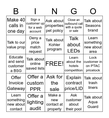 Inside Sales Hospitality Bingo Card