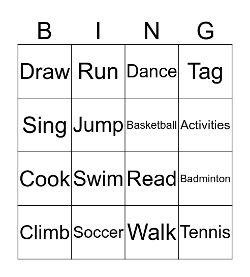 Activities Bingo Card