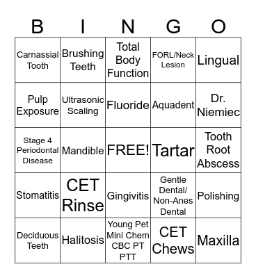 Veterinary Dentistry Bingo Card