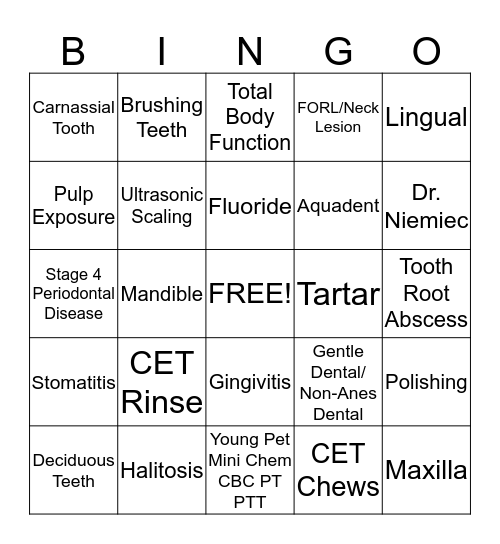 Veterinary Dentistry Bingo Card