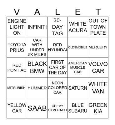 VALET BINGO  Bingo Card