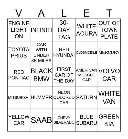 VALET BINGO  Bingo Card