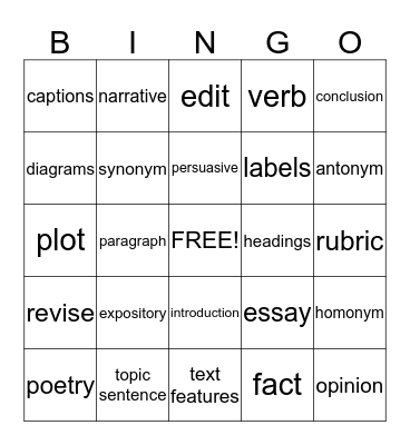 Academic Vocabulary - Language Arts Bingo Card