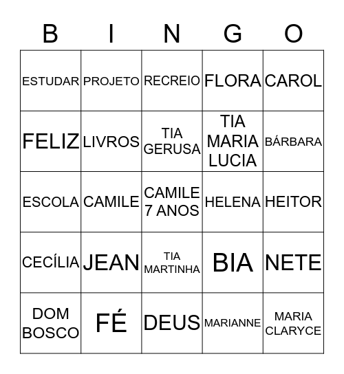 BINGO DA CAMILE Bingo Card
