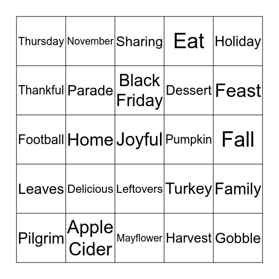 Thanksgiving Bingo Card