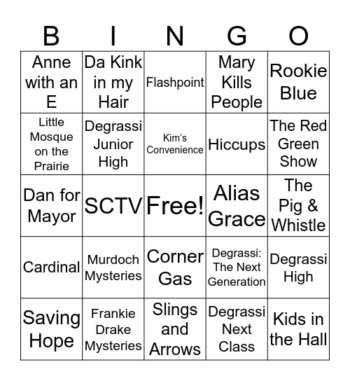 Canadian TV Bingo Card