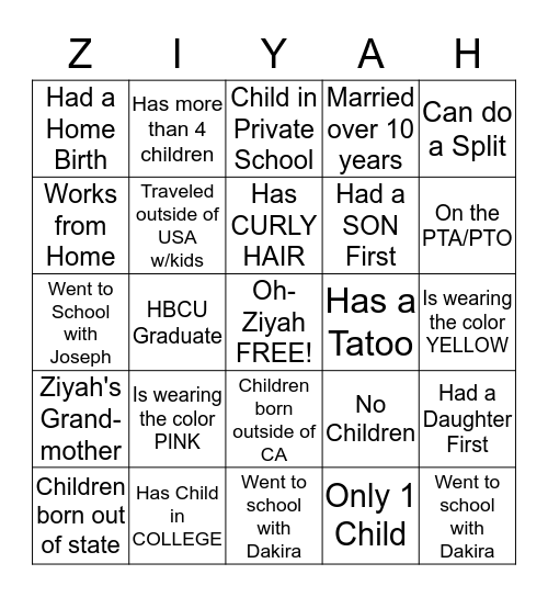 Oh-Ziyah Bingo Card