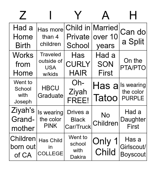 Oh-Ziyah Bingo Card