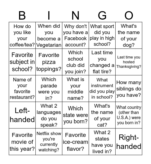 BINGO To Meet You! Bingo Card