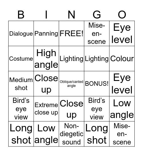 Film Techniques Bingo Card