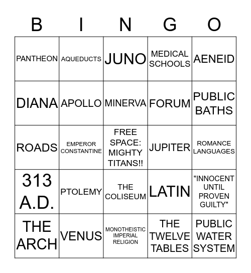 ROMAN CULTURE & ACHIEVEMENTS Bingo Card