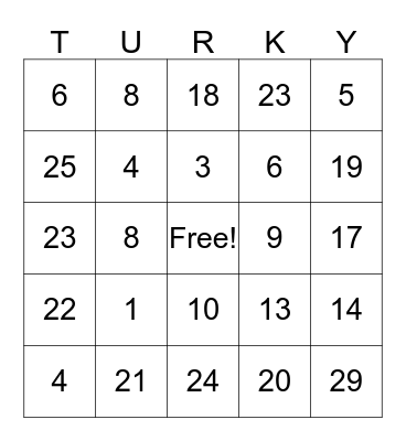 TURKEY BINGO Card