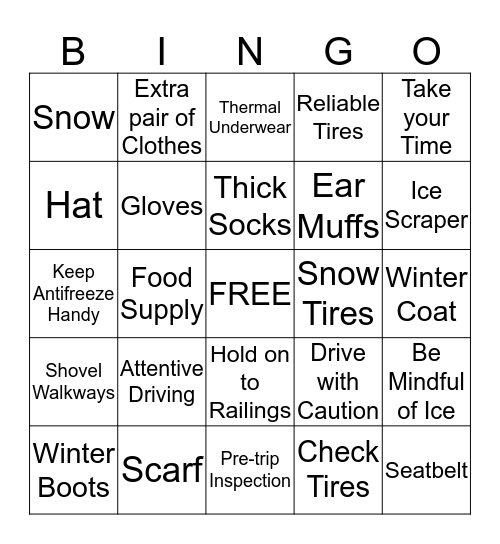 Winter Safety Bingo Card