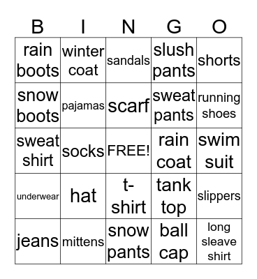 Canadian Clothing Bingo Card