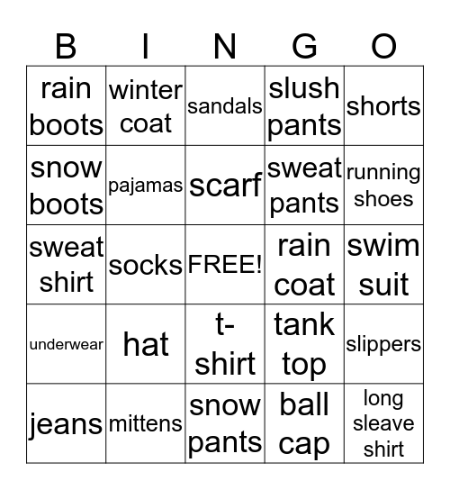 Canadian Clothing Bingo Card