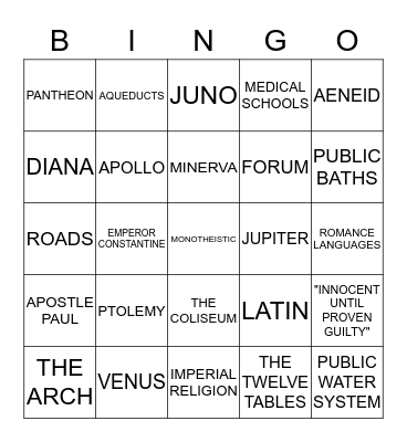 ROMAN CULTURE & ACHIEVEMENTS Bingo Card