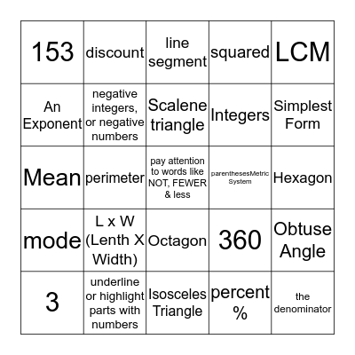 MATH REVIEW BINGO-6th   Bingo Card