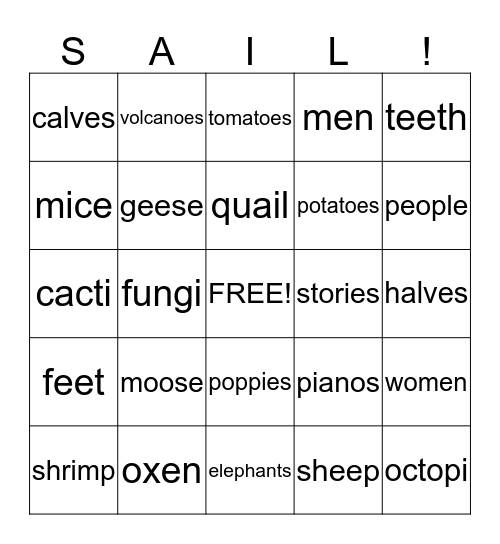 SINGULAR TO PLURAL Bingo Card