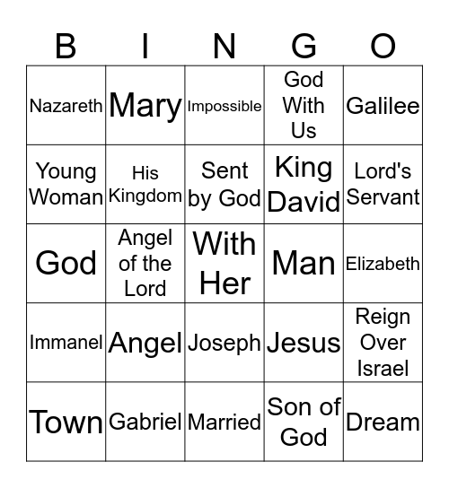 Angels Spoke to Mary and Joseph, Dec. 1, 2019 Bingo Card