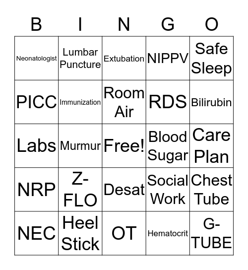 NICU Bingo Card