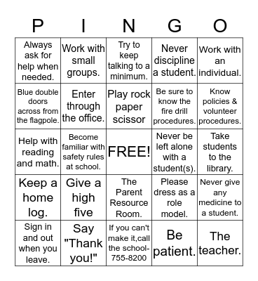 Parent Involvement Nurtures Great Opportunities Bingo Card