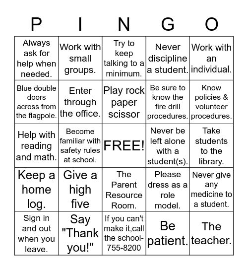 Parent Involvement Nurtures Great Opportunities Bingo Card