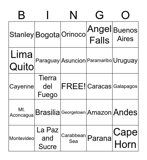 South Africa Bingo Card