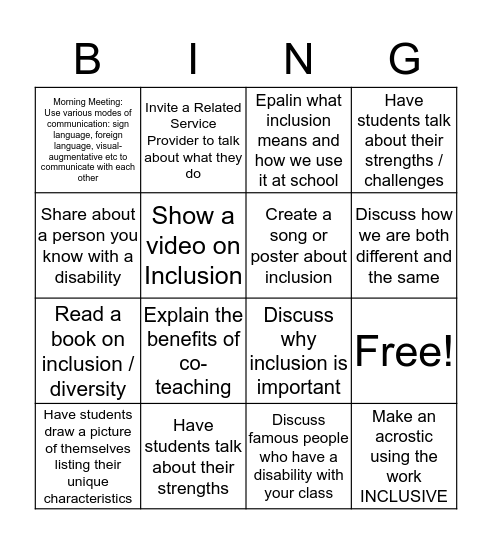 Inclusive  Bingo Card