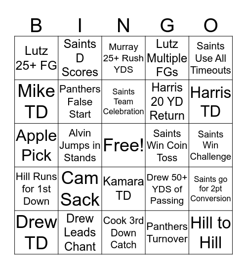 Saints vs Panthers Bingo Card