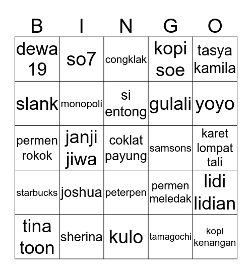 Junk Bingo Card