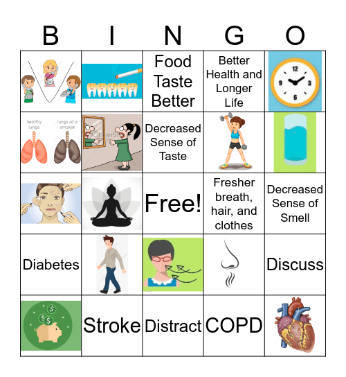 Coping Skills, Illnesses, Negative Impacts, Benefits of Quitting,  5 D's Bingo Card