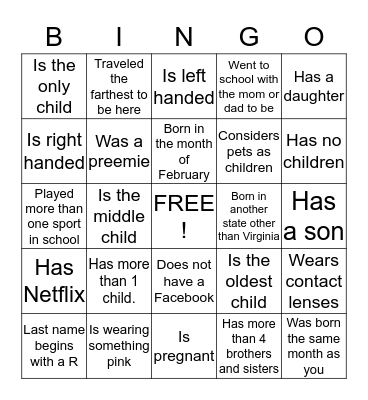 Baby Shower Bingo Icebreaker Bingo Card
