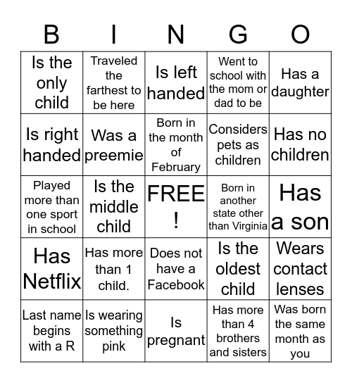 Baby Shower Bingo Icebreaker Bingo Card
