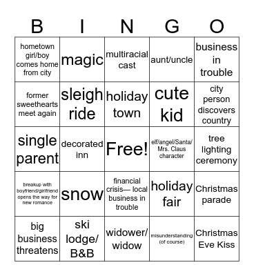 Hallmark Holiday Movies Bingo Card
