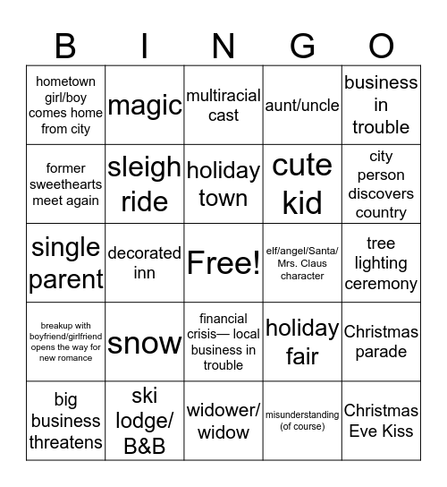 Hallmark Holiday Movies Bingo Card