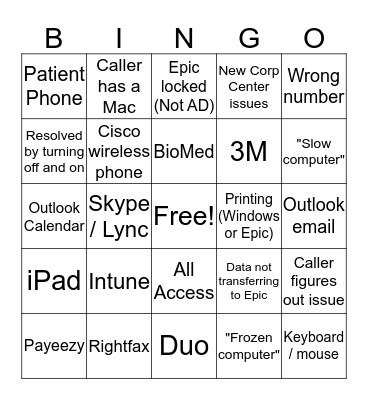 Service Desk Bingo Card