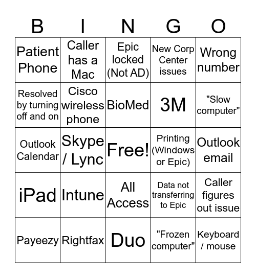 Service Desk Bingo Card