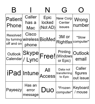 Service Desk Bingo Card