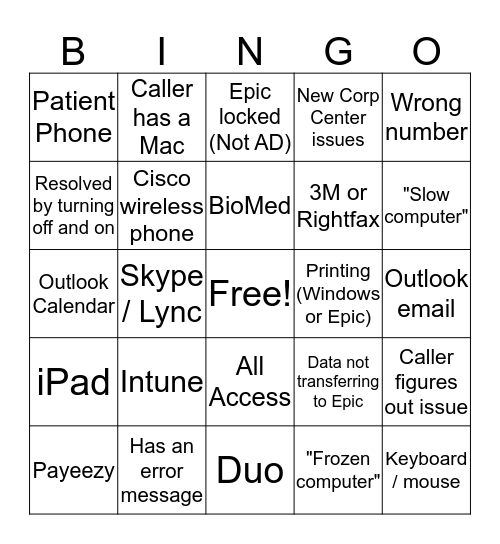 Service Desk Bingo Card