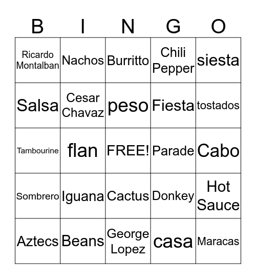 Cinco de Mayo Bingo Card