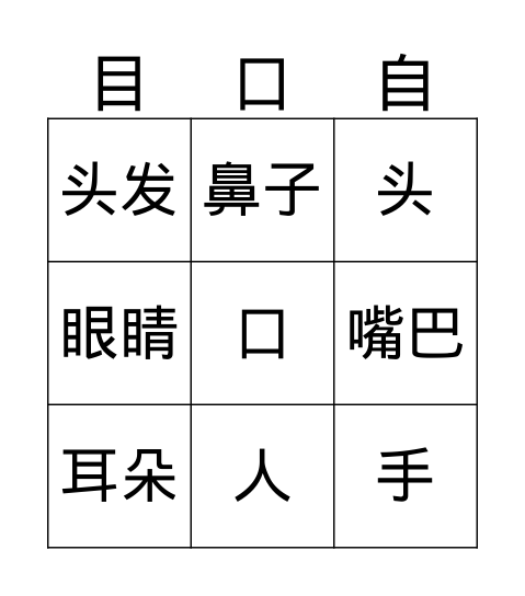 五官 Bingo Card