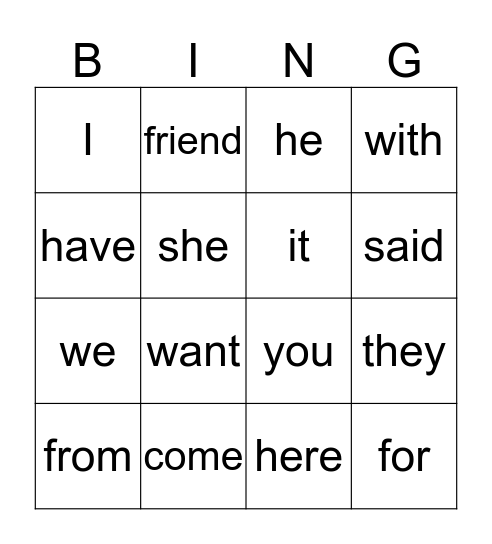 Sight Words & Pronouns Bingo Card