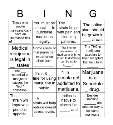 Healthy Hotties Marijuana Bingo Card