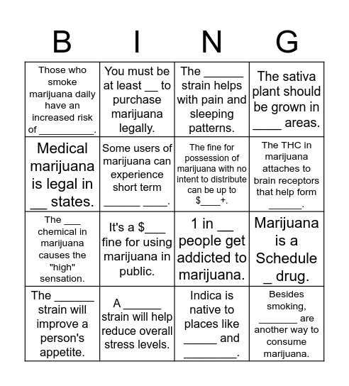 Healthy Hotties Marijuana Bingo Card