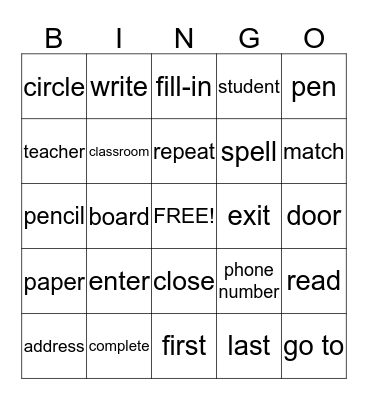 Classroom Bingo Card