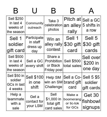 Bubba's 33 Gift Card Bingo Card
